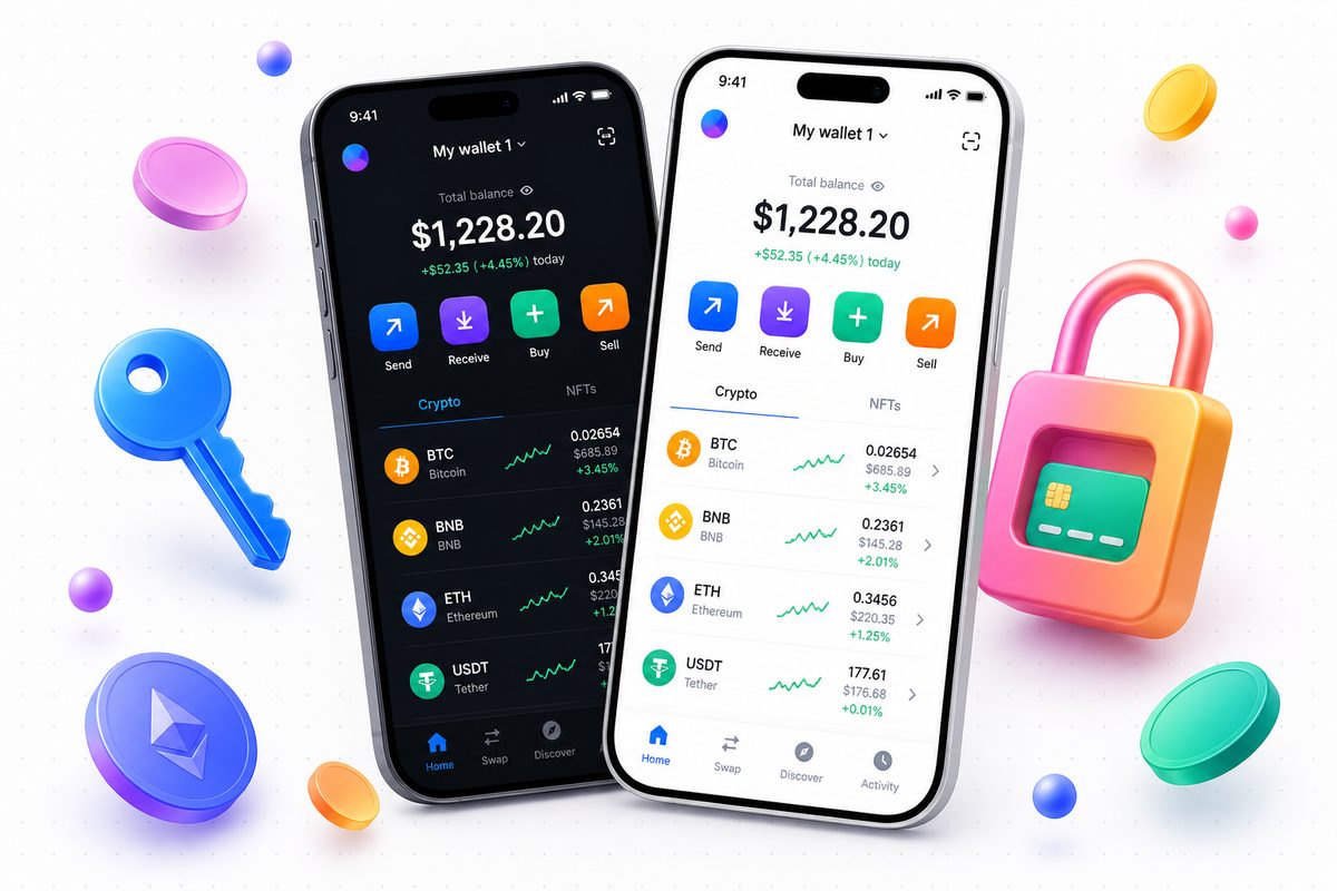 Trust Card wallet app preview with crypto balances and spend actions